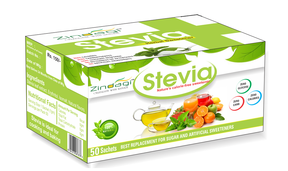 Zindagi Stevia Sachets 50gm (Buy 10 Get 10 Free), Packaging Type: Box, 20