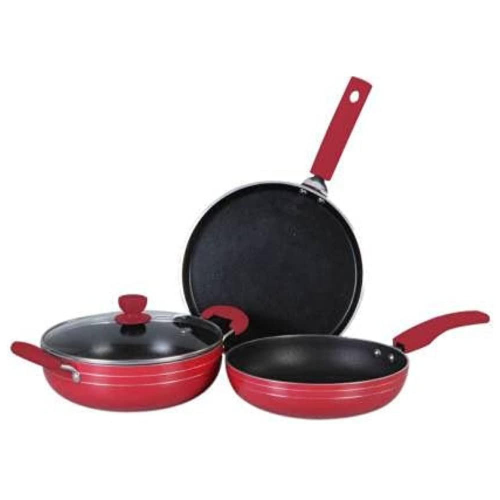 Mumma\'s Life 3-Piece Cookware Set with Non-Stick Coating (Induction and Gas Compatible) (Red)