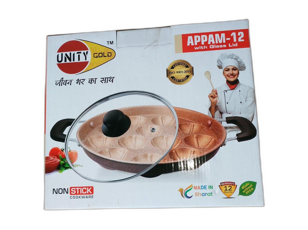 Aluminium Black Unity Gold Non Stick Appam Patra, Capacity: 12 Piece, Size: 10 Inch (d)