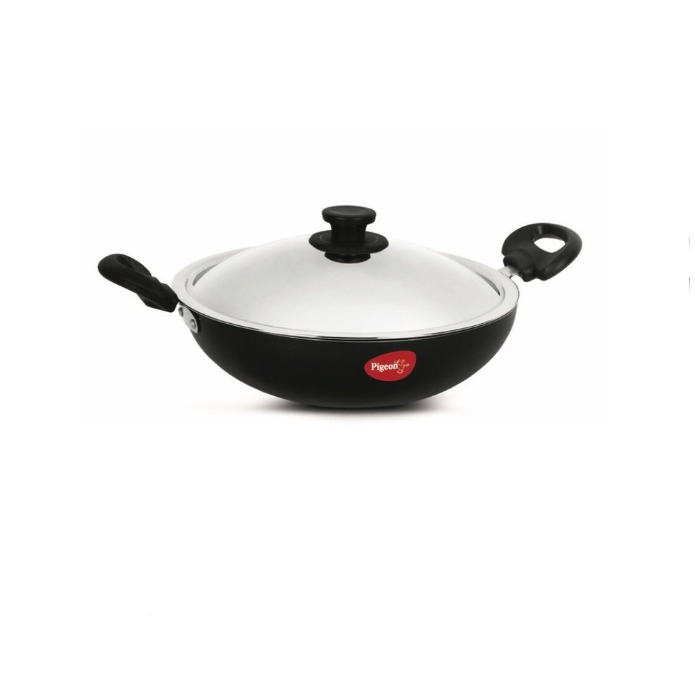 Pigeon by Stovekraft Non-Stick Aluminum Kadai, 150 with SS Lid - Dia 19.7cm, Black