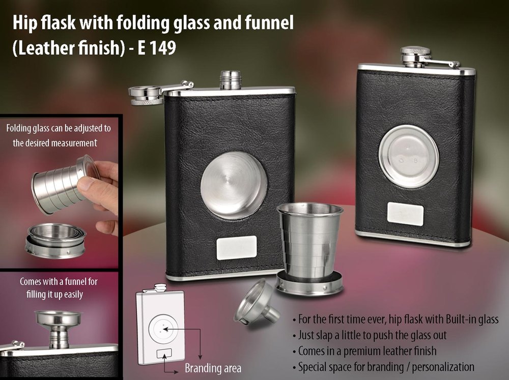 Hip Flask With Folding Glass And Funnel (Leather Finish)