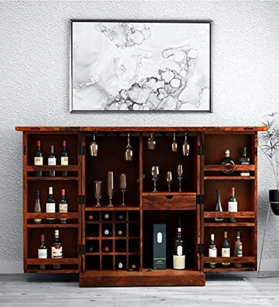 Sheesham Wood Bar Cabinet Wine Glass and Bottle Storage Furniture for Home