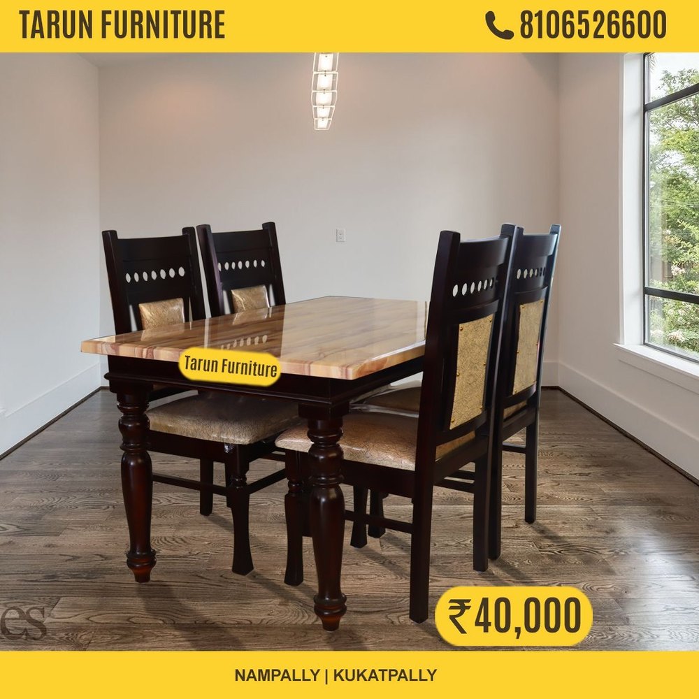 Tarun Furniture Modern Teak Dining Table Marble Top 4 Chairs, For Home