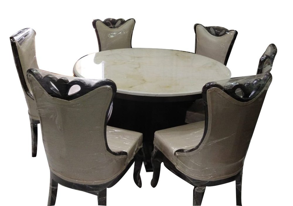 Wooden Round Granite Top Dining Table Set, 6 Seater