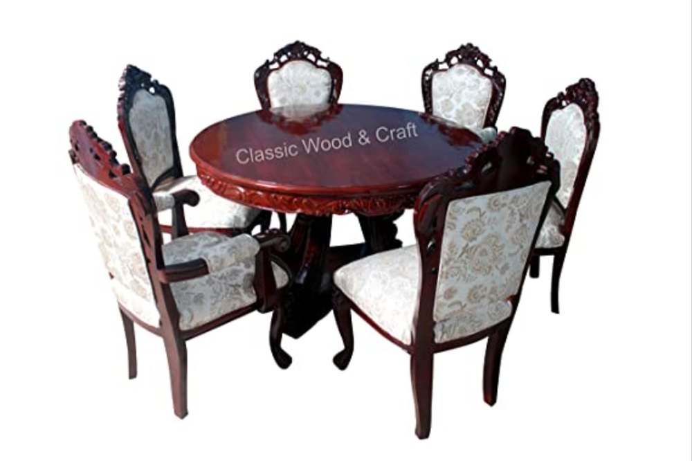 Teak Wood Round Dining Table Set With 6 Chairs In Walnut Finish Having Adorable Hand Carving