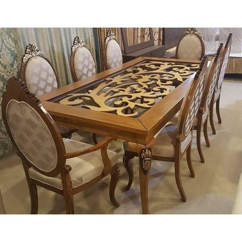 Brown 8 Seater Modern Style Teak Wooden Dining Table Set