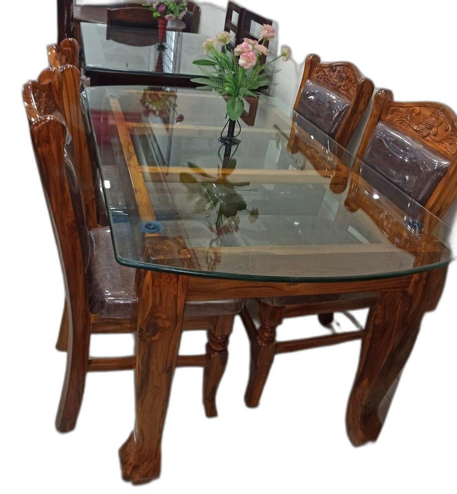 Glass Top Designed Teak Wood Dinning Table