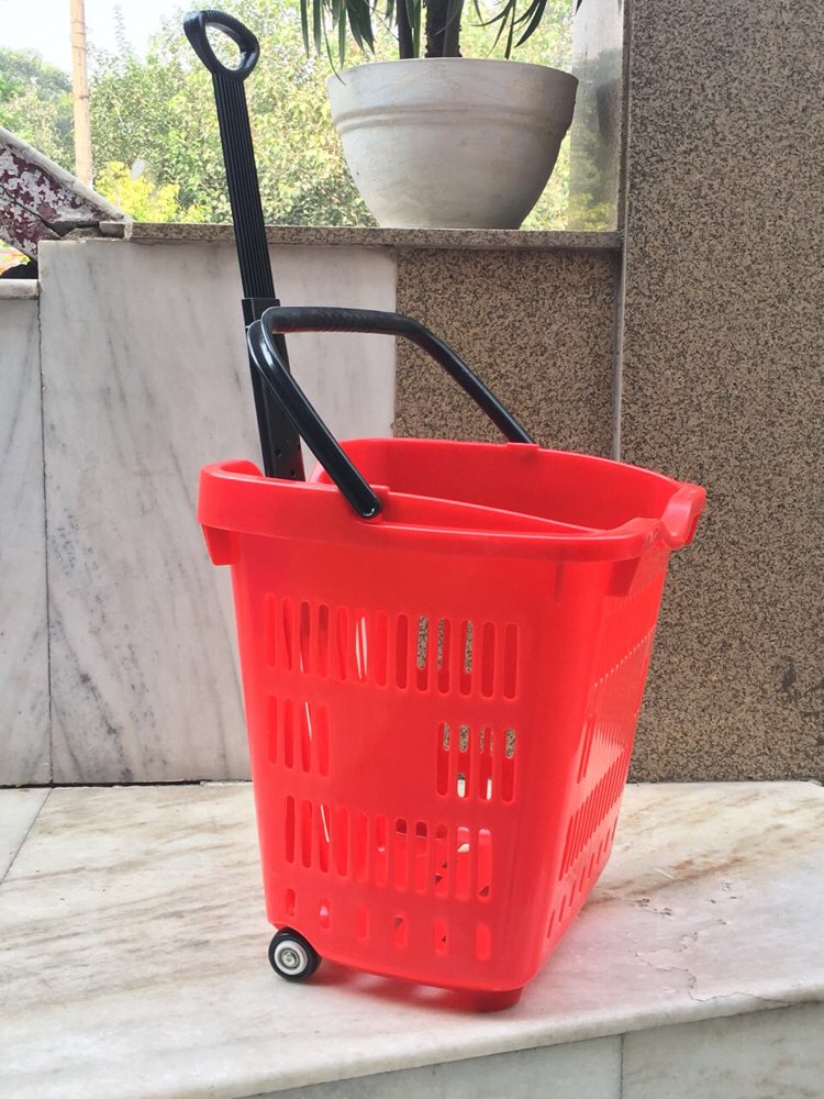 Plastic 45 Ltr Red Rolling Shopping Basket