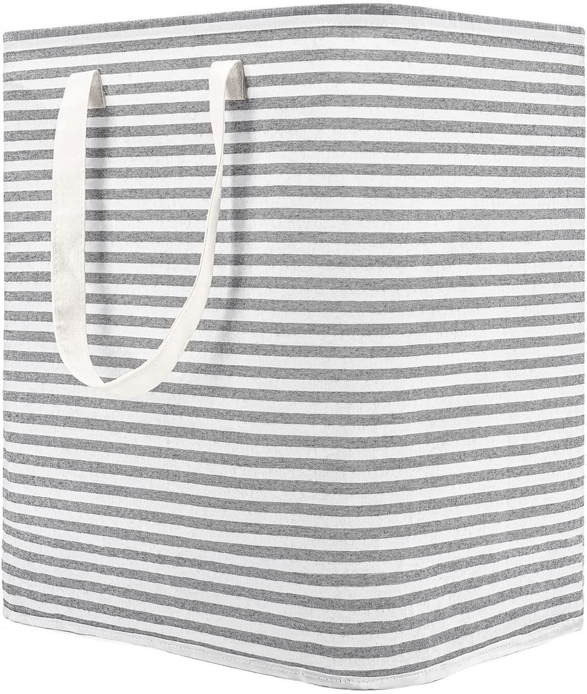 Strips Grey and White Canvas Laundry Basket