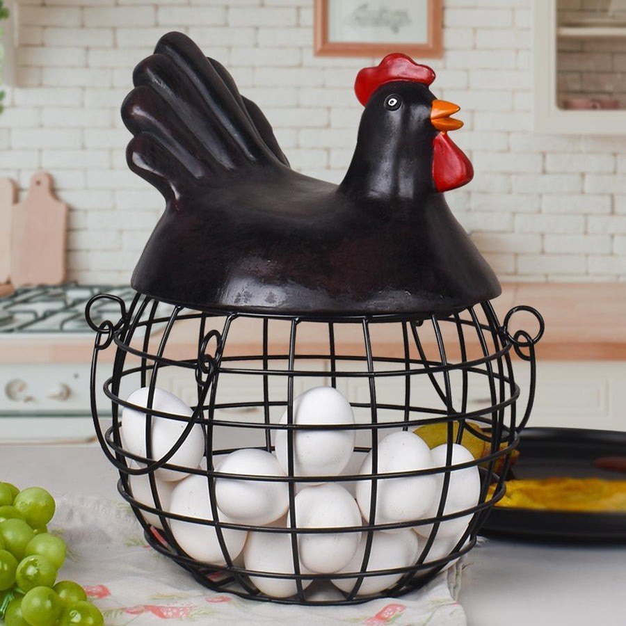 Resin, Wire Powder Coating Gloss Rooster Egg Basket, 10x12 Inches