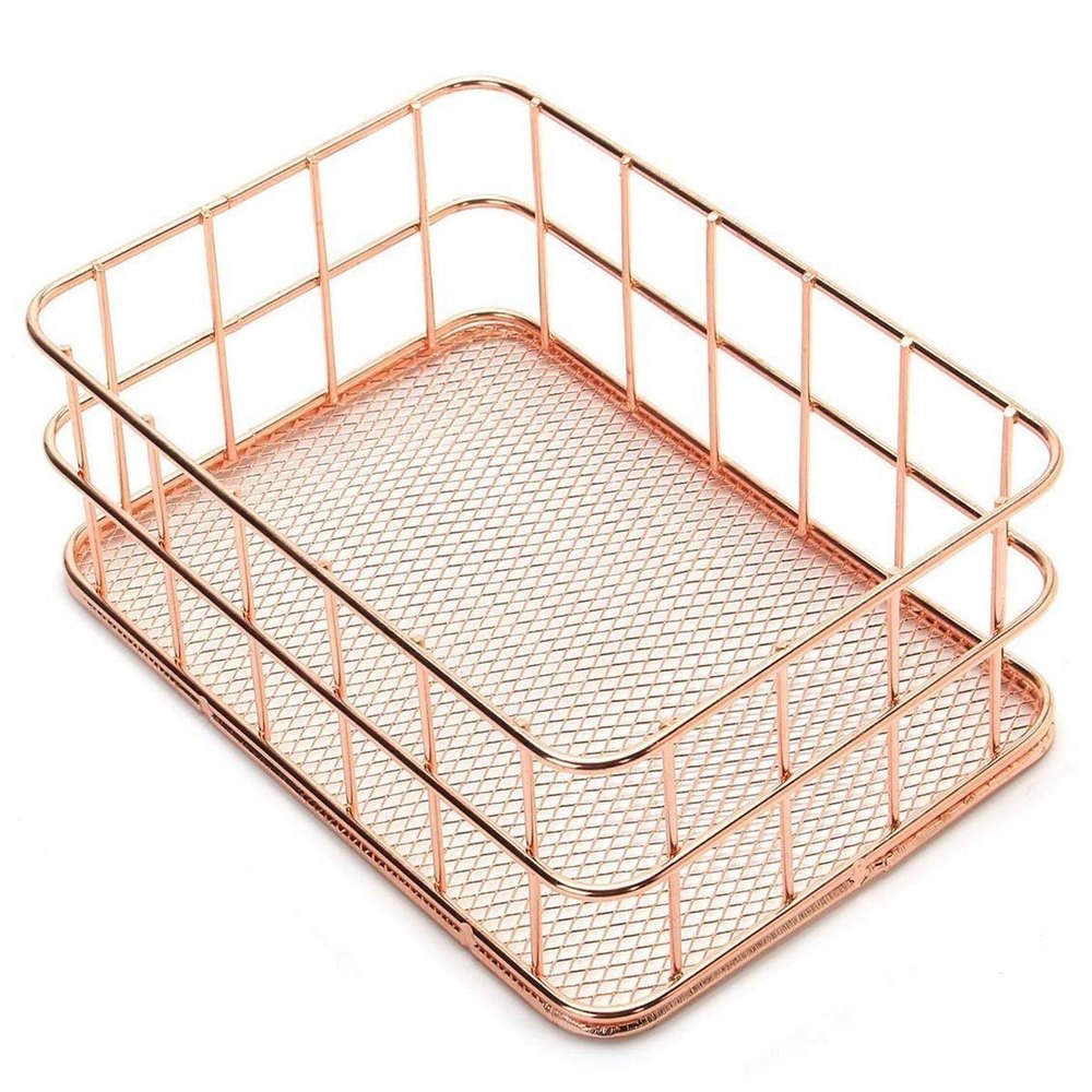 Polished Rose Gold Aluminum Rectangular Baskets, For Storage, Size: 24x17x6 cm