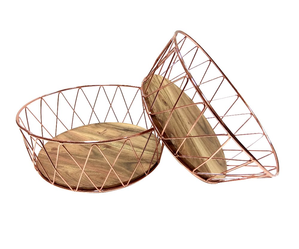 Velleitie Modern Fruit Basket With Wooden Base - Set Of 2