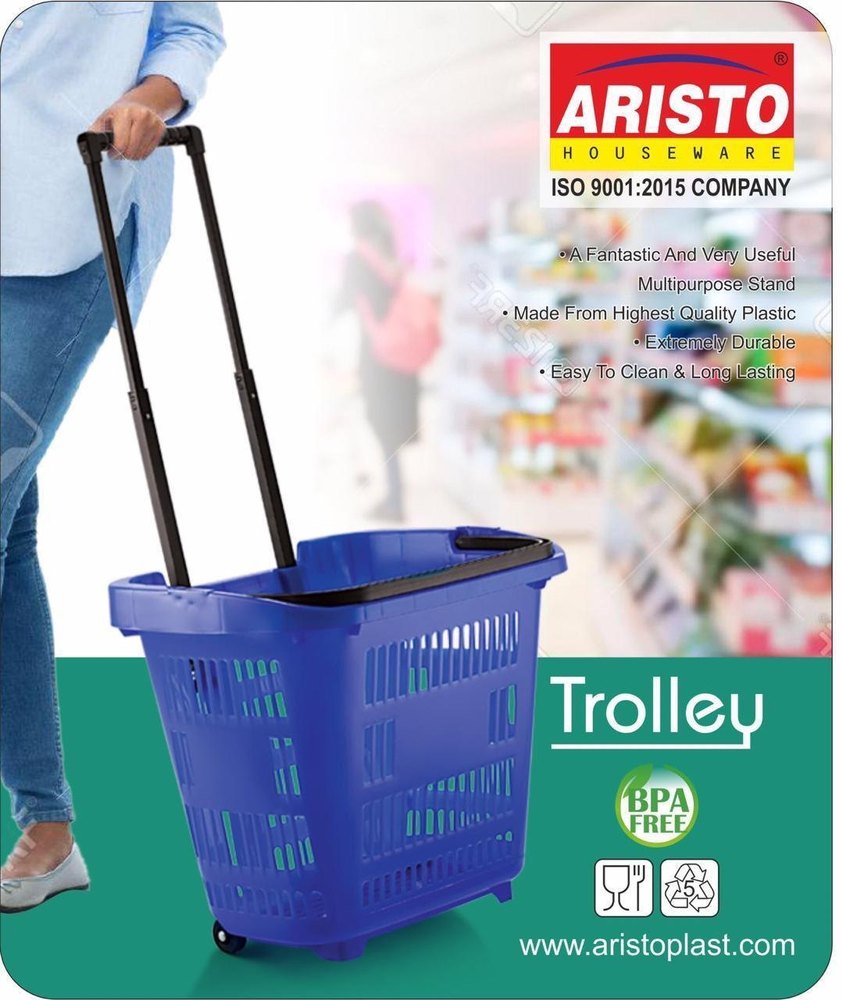 Blue & Red Plastic Shopping Trolley, Capacity: 30 Litre, 2