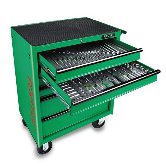 Green Mild Steel Toptul 208 Pcs Tool Trolley Mechanical Tool Set GE20815 5 Drawers, For Industrial