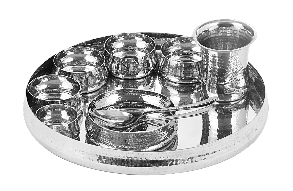 Silver Stainless Steel Maharaja Thali Set SS Hammered, For Serving Food