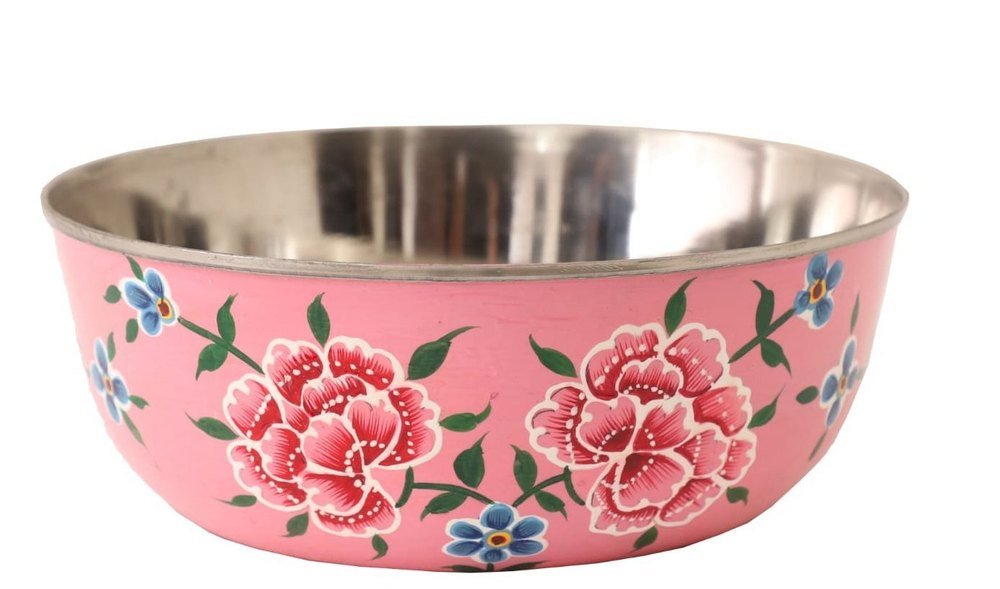 Round Pink Hand Printed Stainless Steel Bowl, For Home, Size: 20 Inch Diameter