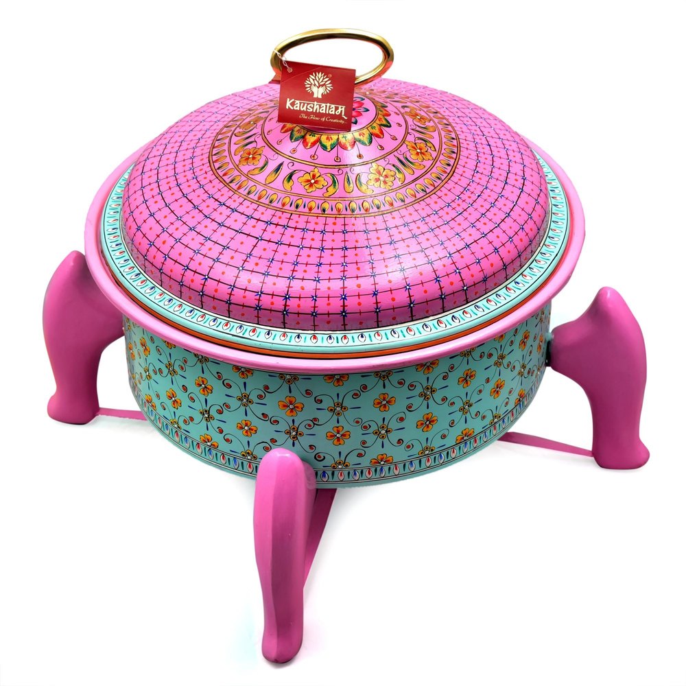 Pink and Blue Round Hand Painted Stainless Steel Chafing Dish, For Hotel, Capacity: 5L
