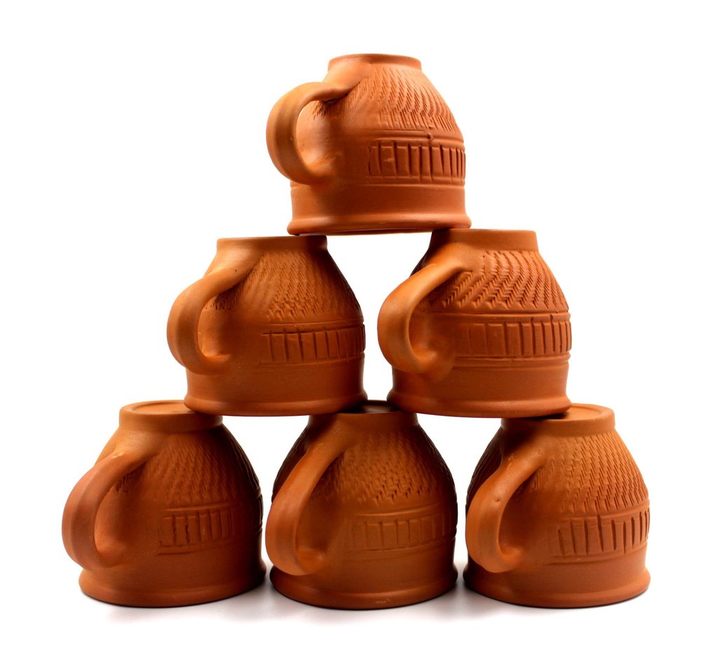 Esvar Stonecraft Terracotta Clay Tea Cups Set of 6- 120 ml, Design/Pattern: Clasic