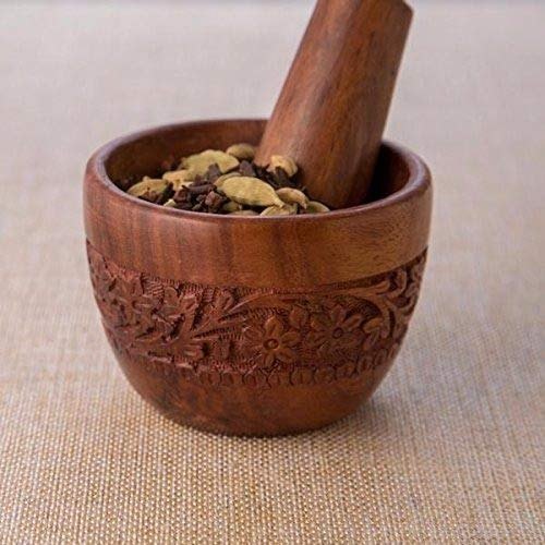 Sankalan Creations Brown Wood Kitchen Tool Set (Wood Carved Pestle and Mortar)