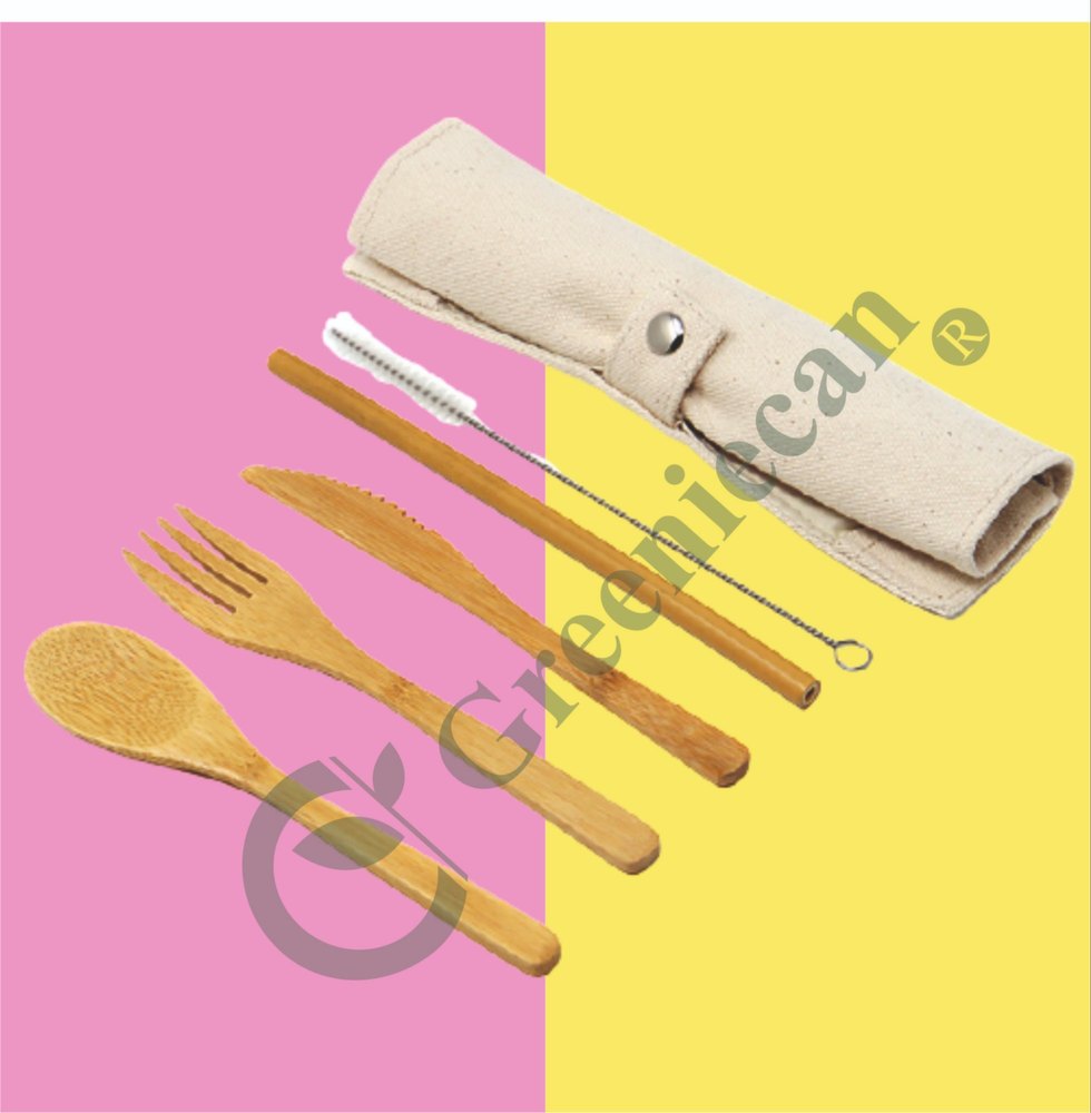 Brown Reusable Bamboo Cutlery Set, For Travel img