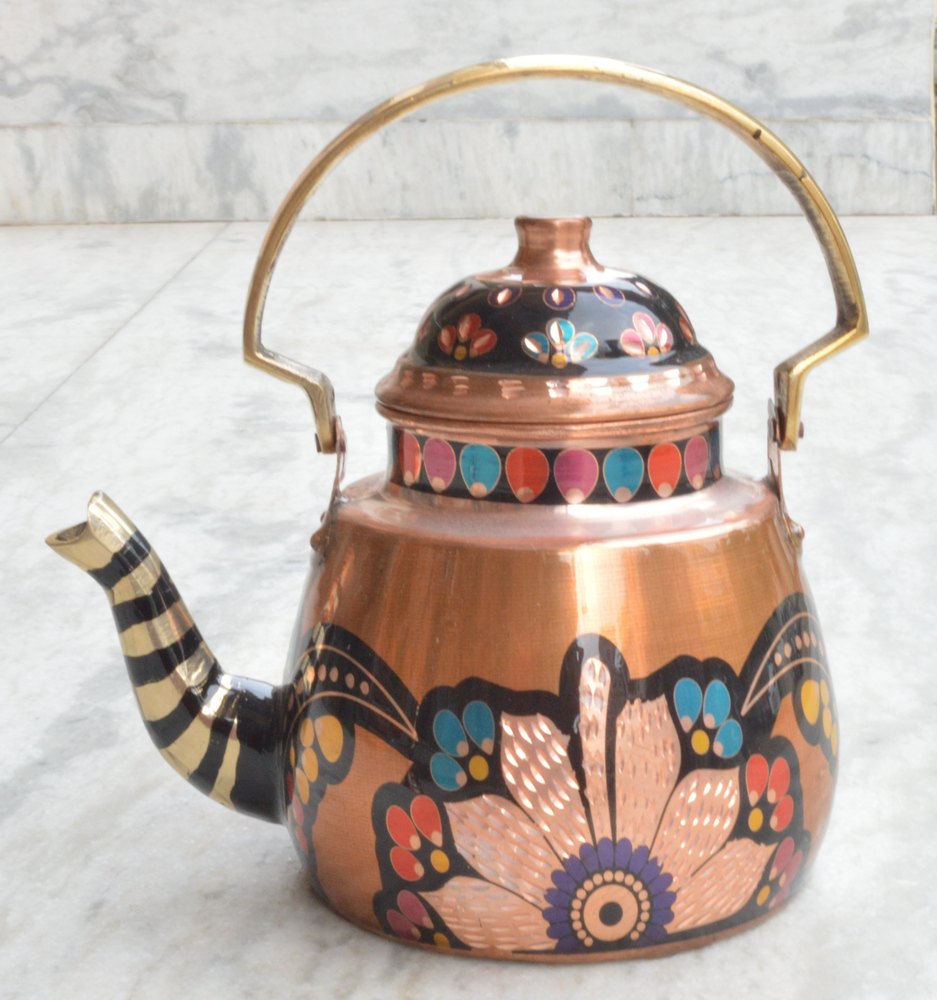 Brown Jaipur Pure Copper Tea Kettle with Printing design with Brass Handle for Restaurant img