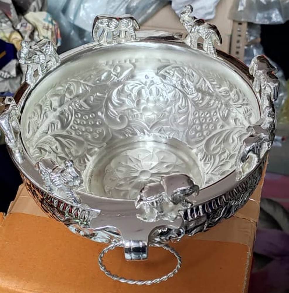 Round Silver Elephant Brass Urli, Traditional Bowl, Brass Urli, Ethnic Design Urli