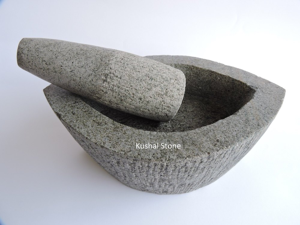 Traditional Oval Basalt Stone Mortar Pestle (10 Inches, 5 Cup Capacity)