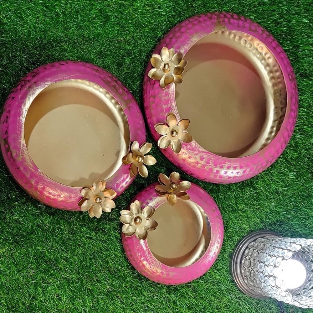 Decorative Round Metal Urli Set of 3 ( Pink ), For Home