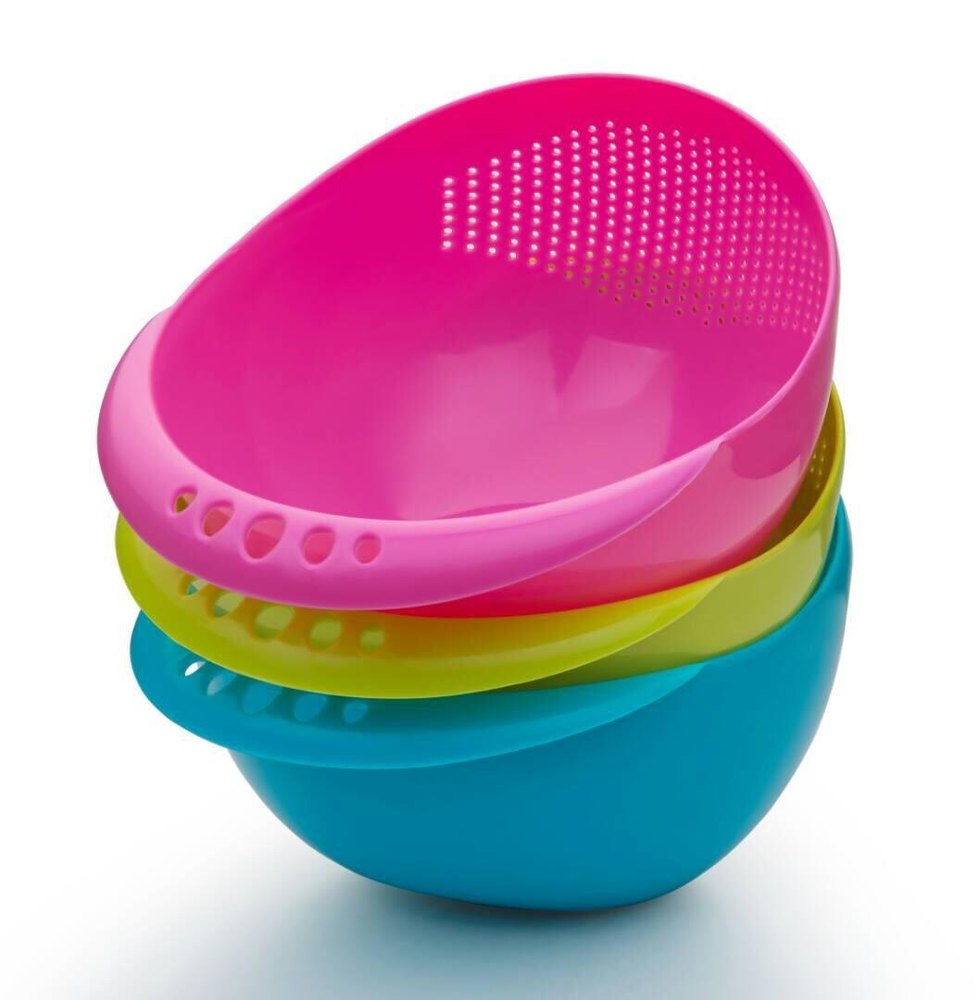 Pink And Light Green Solid Plastic Rice Bowl, Rice Strainer