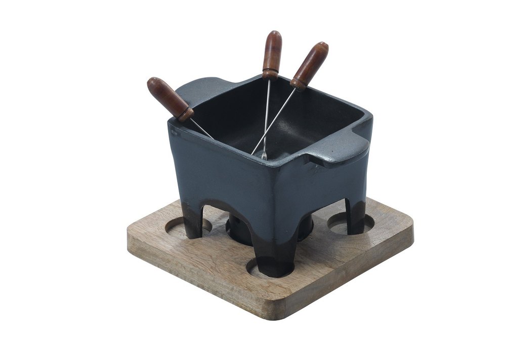 Metal Black Square Fondue Teflon Coated Dish & Warmer With Wooden Base, For Restaurant, Capacity: One Portion