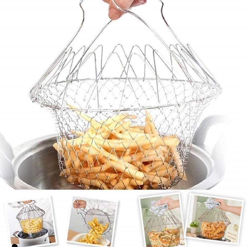 Stainless Steel Silver Foldable Strainer, For Home, Fruit Basket