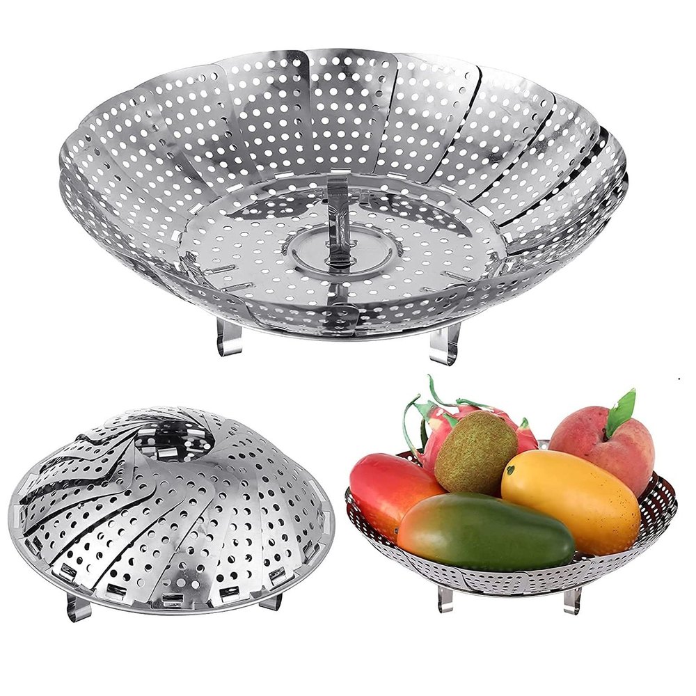 Silver Round Stainless Steel Folding Steamer Basket (9.5inch), For Home