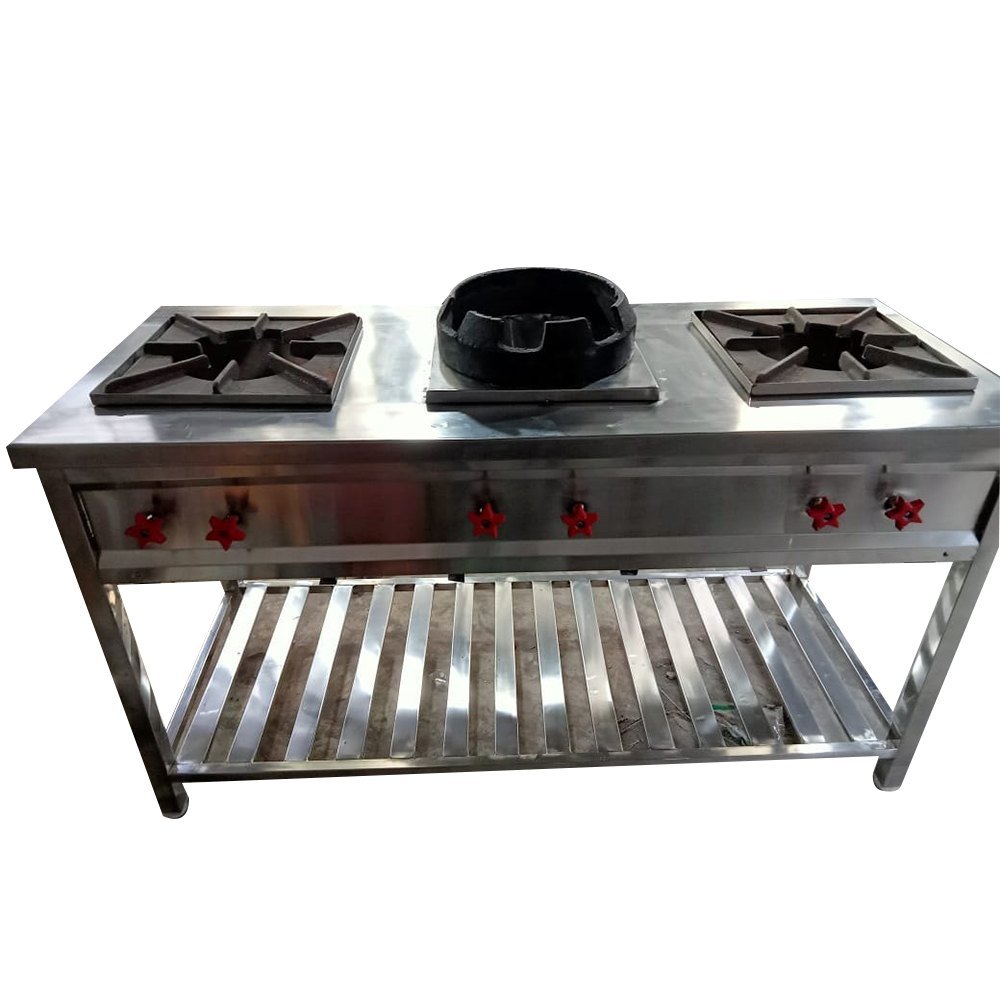 3 Burner Stainless Steel Chinese LPG Cooking Range, For Hotel and Restaurant