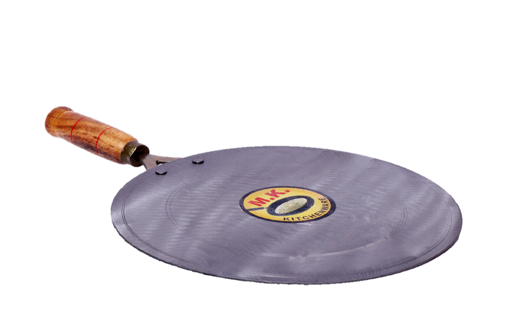 MK KITCHENWARE Silver Flat Iron Dosa Tawa With Wooden Handle (CR Material), For Home and Restaurant, Size: 10/11/12 Inches