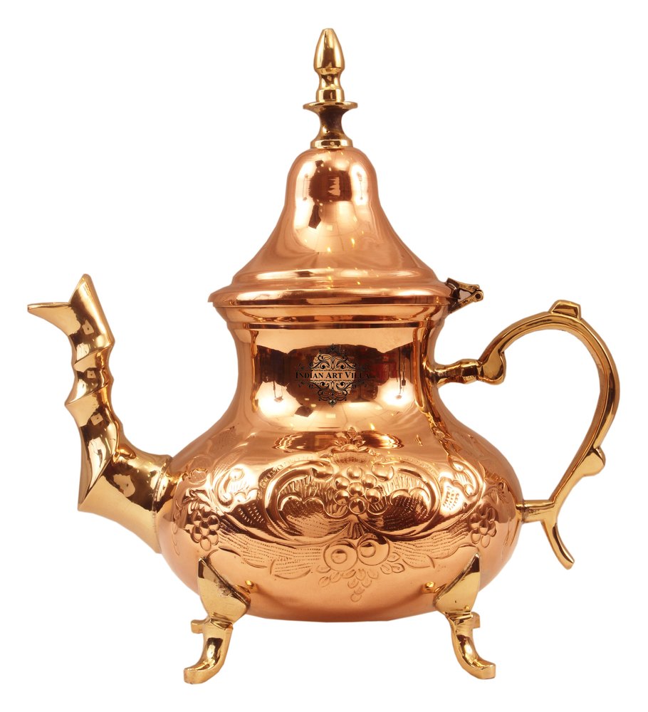 Kettle Embossed Copper Designer Mughlai Tea Pot with Inside Lining, Size: 10.0 X 6.0, Model Number: IAV-CC-3-132