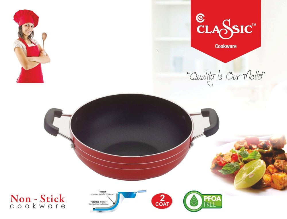 Aluminum Round 240 Mm Non Stick Kadhai With Glass Lid With Induction Base, Size: 24 Cms