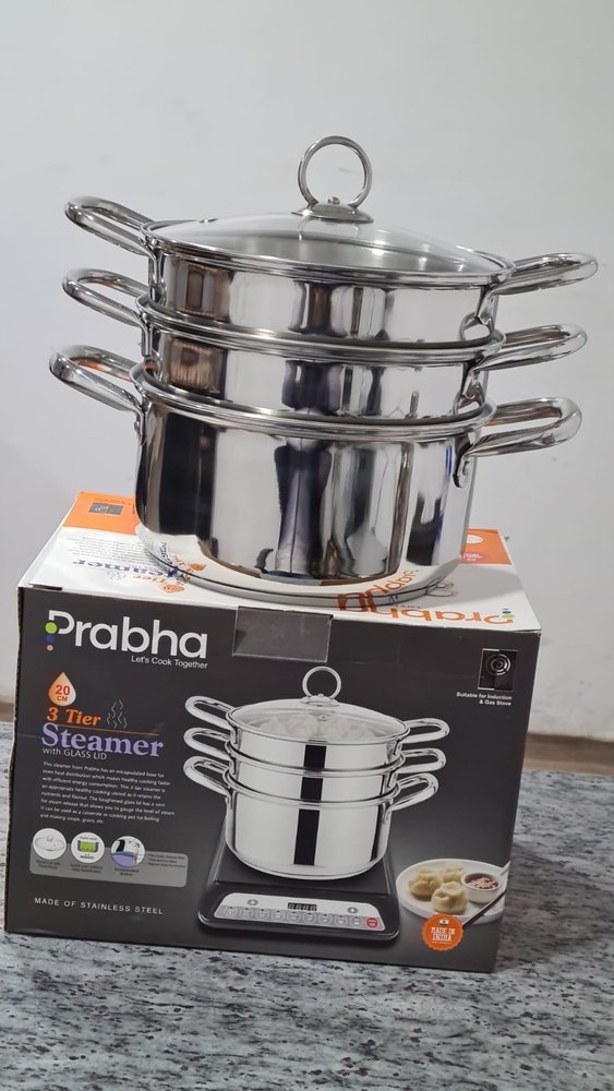 Stainless Steel Prabha 3 Tier Steamer induction base