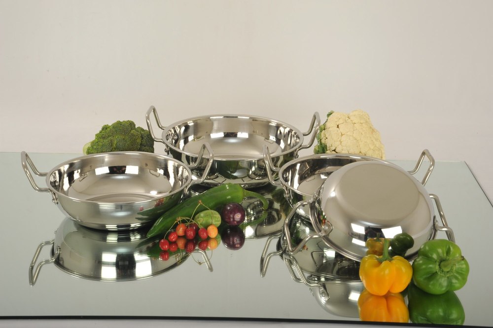Silver Polished Stainless Steel Kadai, For Home img