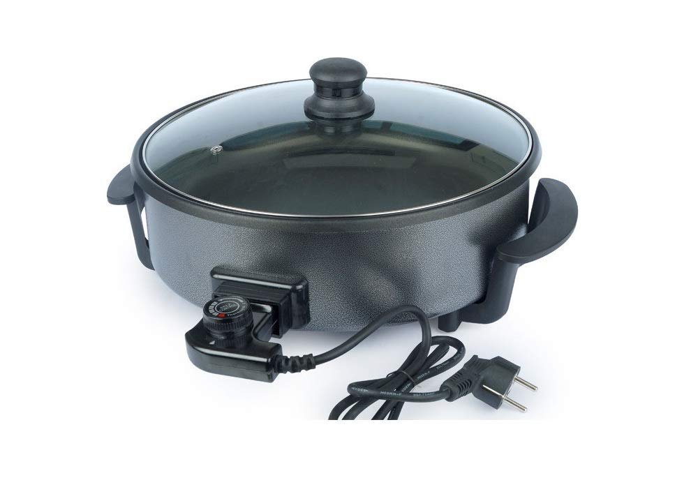 None Black Electric Pizza Pan Non Stick Coating Fry Pan with Safety Glass Lid, For Kitchen