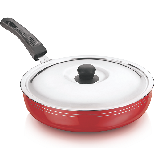 Red and Black Aluminium Veronica Fry Pan With Lid, for Home, Round