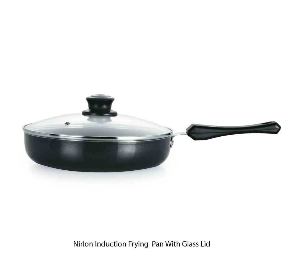 Black Aluminium Nirlon Induction Frying Pan With Glass Lid, For Home, Round