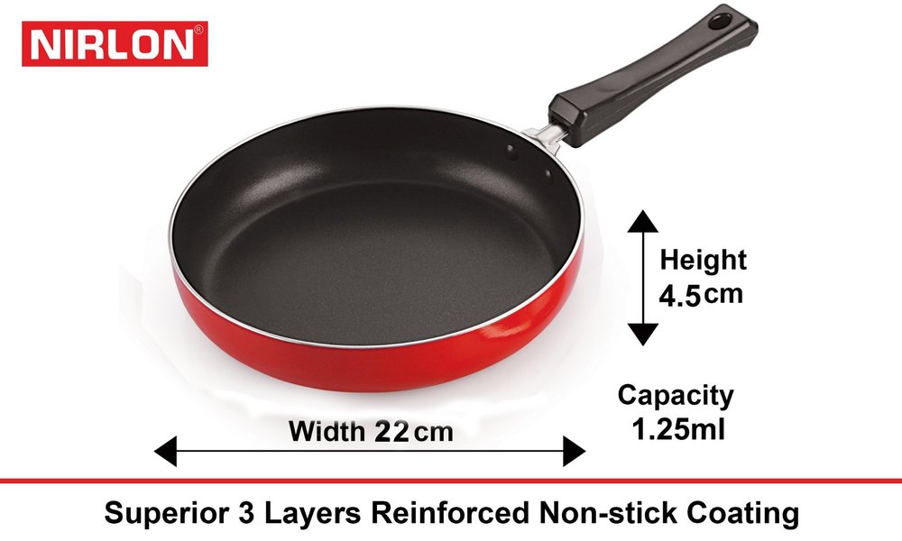 Red Aluminium Nirlon 22 cm Fry Pan, Round, Capacity: 1.25 L