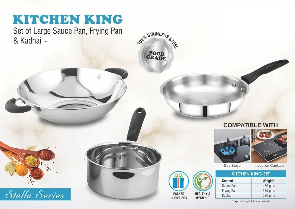 Kuber Stainless Steel Kitchen King Set Sauce Pan, Frying Pan And Kadhai, For Home, Round