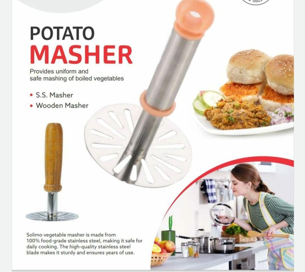 Silver Stainless Steel Potato Masher Pav Bhaji Masher With Wooden Handle, Round