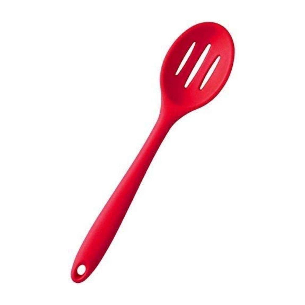 Femora Premium Virgin Silicone Slotted Spoon with Grip Handle, Red