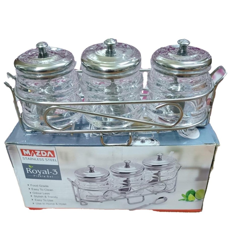 3 Jar Silver SS Acrylic Royal Pickle Pot Set, For Home and Hotel