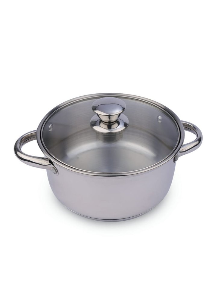Polished Silver Cooking Pots Encapsulated Induction Base With Glass Lid, For Anywhere