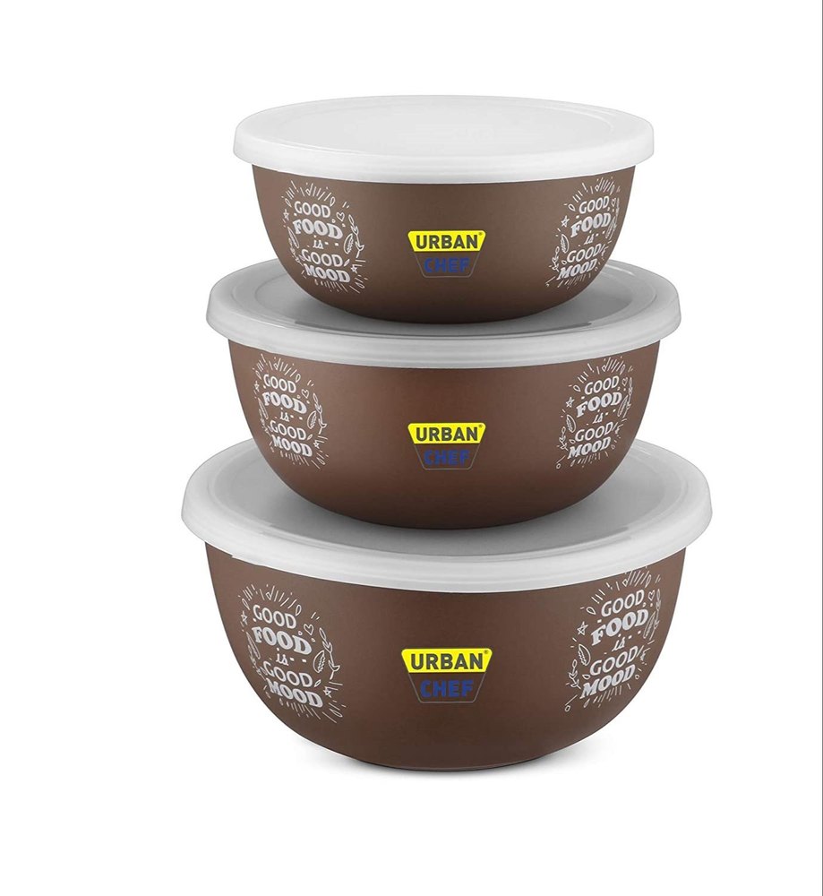 Brown, Cream Urban Chef Flora Stainless Steel Microwave Safe 3 Pcs. Bowl Set