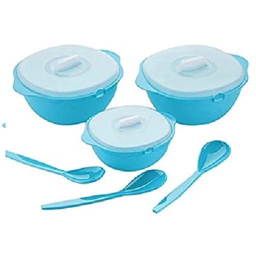 8 Inch Plastic Serving Bowls with Lids & Spoons Set, Microwave Safe