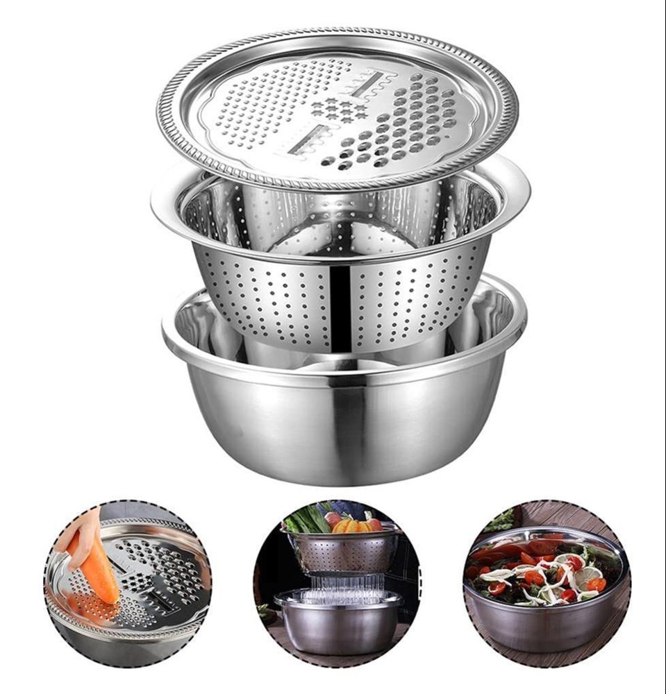 3 in 1 Stainless Steel Kitchen Bowl Drain Basket Vegetable Fruit Grater Washing Basket